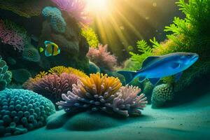 onderwater- tafereel met vis en koralen. ai-gegenereerd foto