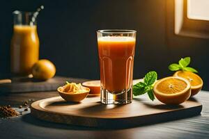 oranje sap in een glas Aan een houten tafel. ai-gegenereerd foto