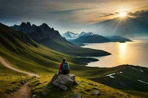 de Mens zittend Aan de berg Bij zonsondergang. ai-gegenereerd foto