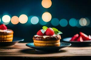 twee klein cakes met aardbeien Aan top van hen. ai-gegenereerd foto