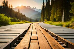 een houten spoorweg bijhouden in de bergen. ai-gegenereerd foto