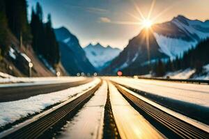 een trein bijhouden in de sneeuw met bergen in de achtergrond. ai-gegenereerd foto