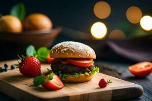 een Hamburger met aardbeien en tomaten Aan een houten snijdend bord. ai-gegenereerd foto
