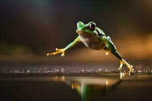 een kikker jumping in de lucht Aan een nat oppervlak. ai-gegenereerd foto