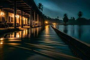 een lang pier met water vloeiende in de water Bij nacht. ai-gegenereerd foto