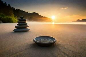 een stack van stenen Aan de strand Bij zonsondergang. ai-gegenereerd foto