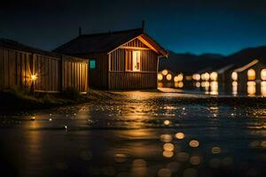 foto behang de nacht, water, lichten, huis, lichten, de lichten, de lichten,. ai-gegenereerd