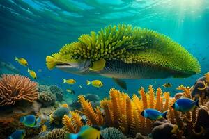 een vis zwemmen in de oceaan met kleurrijk koraal. ai-gegenereerd foto