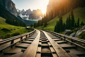 een trein bijhouden gaan door een berg vallei. ai-gegenereerd foto
