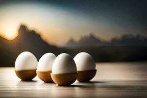 vijf eieren zijn zittend Aan een tafel met bergen in de achtergrond. ai-gegenereerd foto