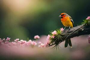 een vogel zit Aan een Afdeling met roze bloemen. ai-gegenereerd foto