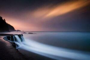 een lang blootstelling fotograaf van een waterval Aan de strand. ai-gegenereerd foto