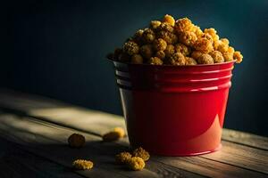 een emmer van popcorn Aan een houten tafel. ai-gegenereerd foto