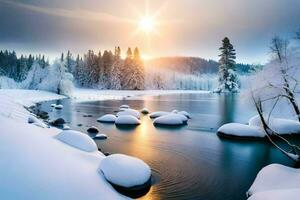 sneeuw gedekt rotsen in een rivier- Bij zonsondergang. ai-gegenereerd foto