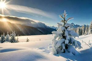 sneeuw gedekt bomen in de bergen. ai-gegenereerd foto