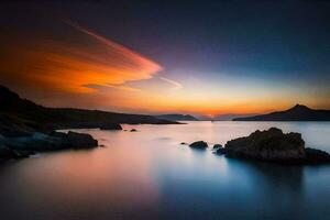 zonsondergang over- de zee, rotsen, bergen, water, lucht, hd behang. ai-gegenereerd foto