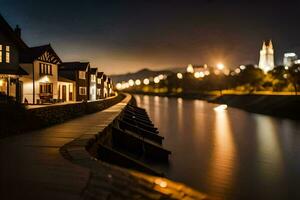 foto behang de stad, nacht, huizen, rivier, water, waterweg, waterweg,. ai-gegenereerd