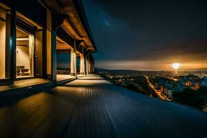 een visie van de stad Bij nacht van een balkon. ai-gegenereerd foto