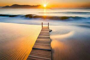 een houten pier strekt zich uit uit in de oceaan Bij zonsondergang. ai-gegenereerd foto