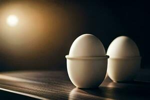 twee wit eieren zitten Aan een tafel in voorkant van een helder licht. ai-gegenereerd foto