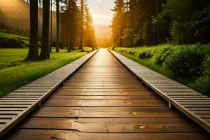 houten loopbrug in de Woud Bij zonsondergang. ai-gegenereerd foto