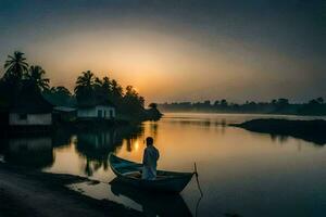een Mens in een boot Bij zonsondergang Aan de rivier. ai-gegenereerd foto