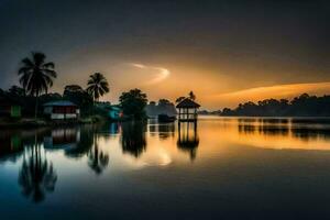 een mooi zonsondergang over- een meer met palm bomen. ai-gegenereerd foto