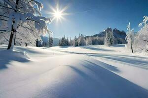 sneeuw gedekt bomen en de zon schijnend in de lucht. ai-gegenereerd foto