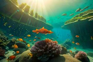 een koraal rif met vis en koralen. ai-gegenereerd foto