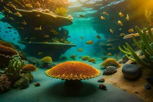 een onderwater- tafereel met koraal en vis. ai-gegenereerd foto