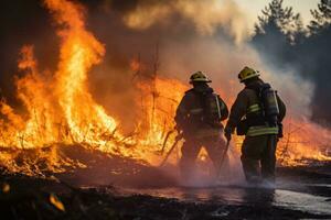 brandweerman gebruik makend van water en brandblusser naar vechten met brand vlam in een noodgeval, generatief ai foto