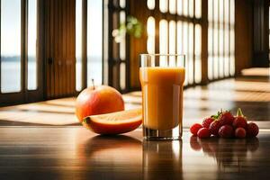 een glas van oranje sap en een kom van fruit. ai-gegenereerd foto
