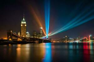 de stad lichten omhoog Bij nacht met kleurrijk balken. ai-gegenereerd foto