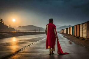 een vrouw in een rood jurk wandelen Aan een weg Bij zonsondergang. ai-gegenereerd foto