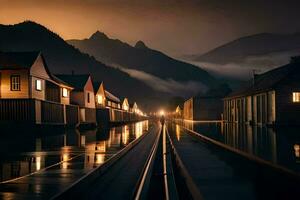 een trein sporen in de midden- van een stad- Bij nacht. ai-gegenereerd foto