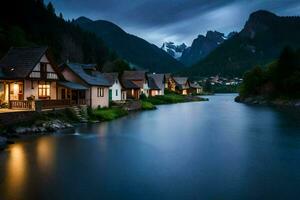 een rivier- loopt door een stad- Bij nacht. ai-gegenereerd foto