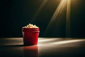 een rood emmer met popcorn Aan een donker tafel. ai-gegenereerd foto