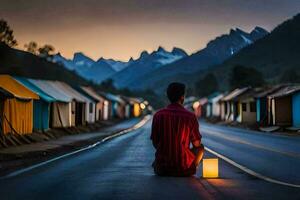 een Mens zittend Aan de weg met een lantaarn in voorkant van een tent. ai-gegenereerd foto