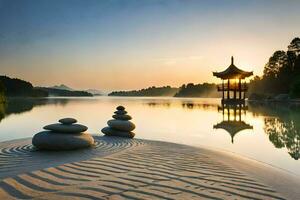 de zen tuin Bij de meer. ai-gegenereerd foto