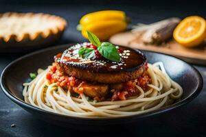 een bord van spaghetti met vlees en saus. ai-gegenereerd foto