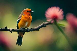 een klein oranje vogel is zittend Aan een Afdeling. ai-gegenereerd foto