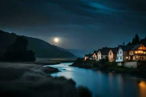 foto behang de maan, rivier, water, nacht, huizen, rivier, maan, rivier,. ai-gegenereerd