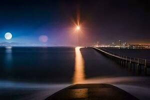 een pier Bij nacht met een vol maan en een stad in de achtergrond. ai-gegenereerd foto