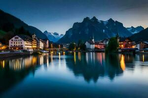 de stad- van Altenburg in de Alpen Bij schemering. ai-gegenereerd foto