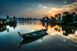 een boot zit Aan de water Bij zonsondergang. ai-gegenereerd foto