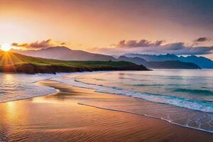 zonsondergang Aan de strand in Ierland. ai-gegenereerd foto