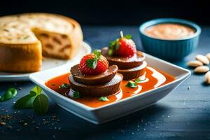 een bord van chocola gedekt aardbeien en een taart. ai-gegenereerd foto