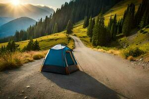 een tent is reeks omhoog Aan een aarde weg in de bergen. ai-gegenereerd foto