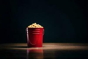 een emmer van popcorn Aan een donker tafel. ai-gegenereerd foto