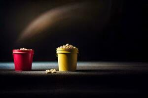 twee rood cups met popcorn Aan een donker achtergrond. ai-gegenereerd foto